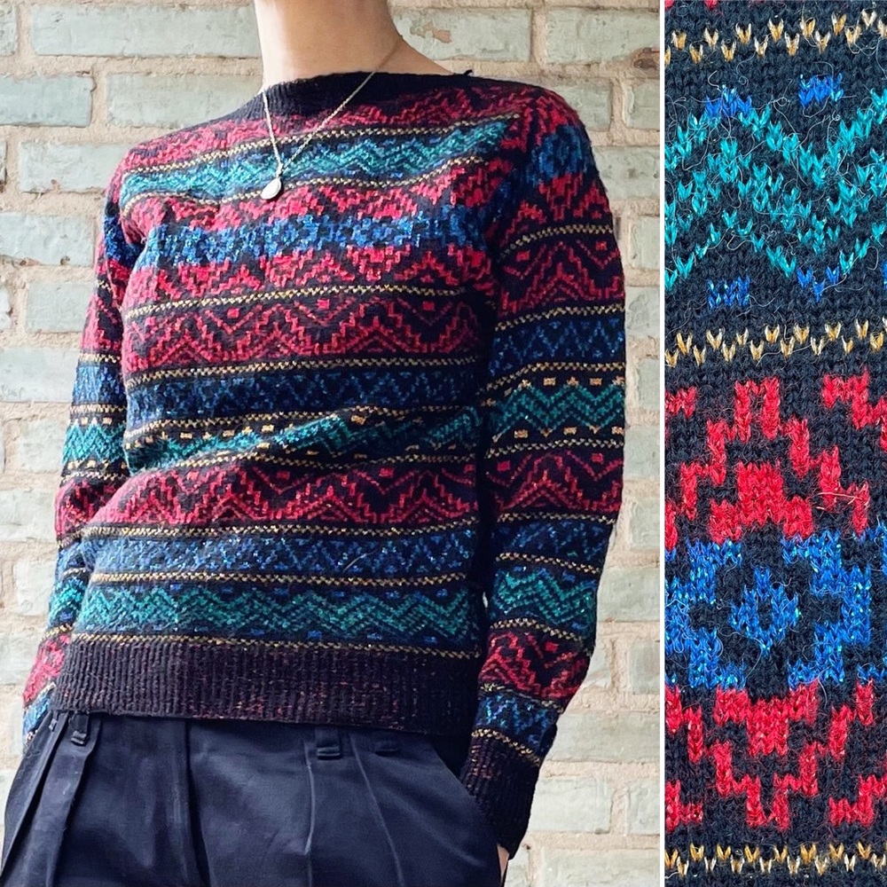 Vintage Sweater 70s Geometric Stripe Metallic Colorful Bateau Pullover Knit M